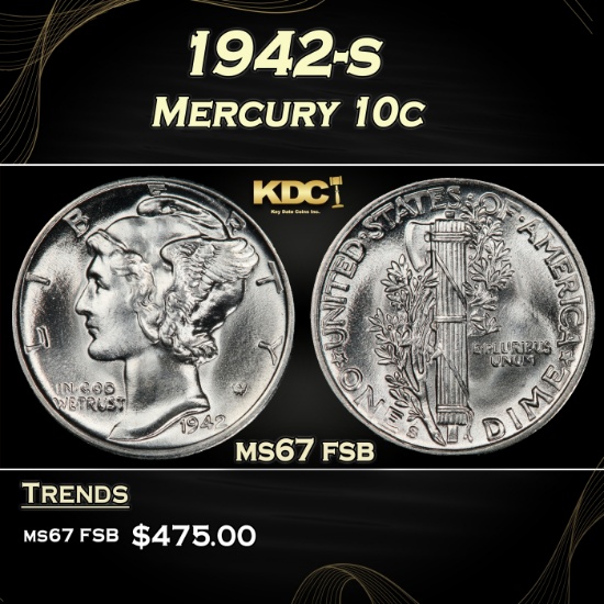 1942-s Mercury Dime 10c ms67 fsb SEGS