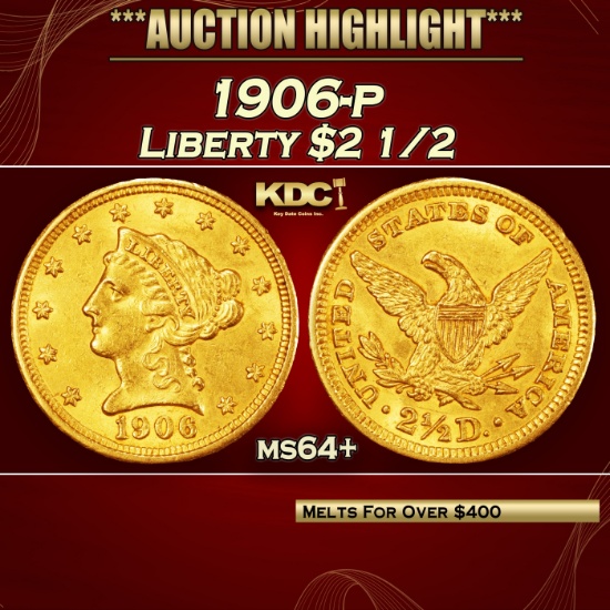 1906-p Gold Liberty Quarter Eagle $2 1/2 ms64+ SEGS