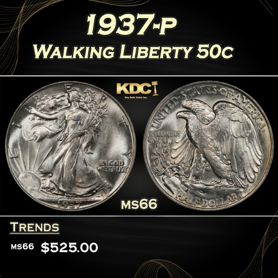 1937-p Walking Liberty Half Dollar 50c Grades GEM+ Unc