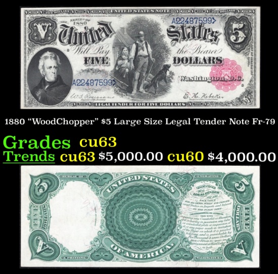 1880 $5 Large Size Legal Tender Note "WoodChopper" Grades Select CU Fr-79