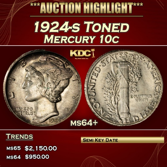 1924-s Mercury Dime Toned 10c ms64+ SEGS