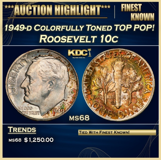 1949-d Roosevelt Dime Colorfully Toned TOP POP! 10c ms68 SEGS