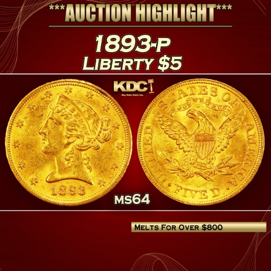1893-p Gold Liberty Half Eagle $5 ms64 SEGS