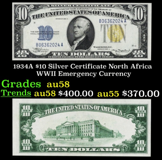 1934A $10 Silver Certificate North Africa WWII Emergency Currency Grades Choice AU/BU Slider