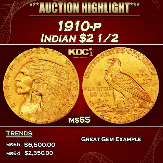 1910-p Gold Indian Quarter Eagle $2 1/2 ms65 SEGS