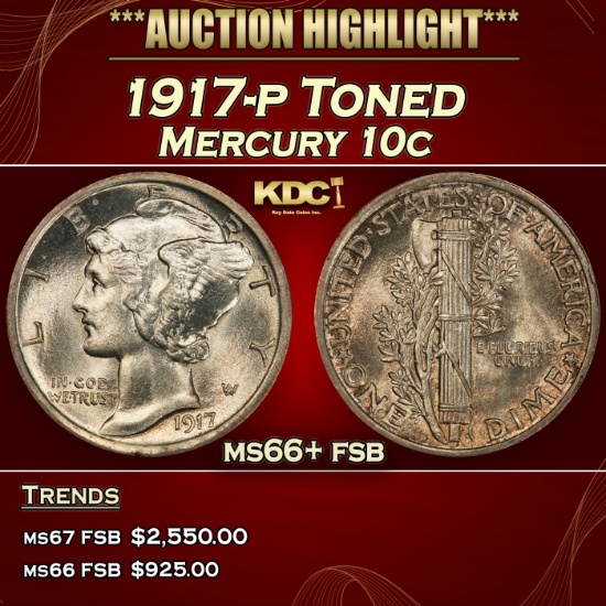 1917-p Mercury Dime Toned 10c ms66+ fsb SEGS