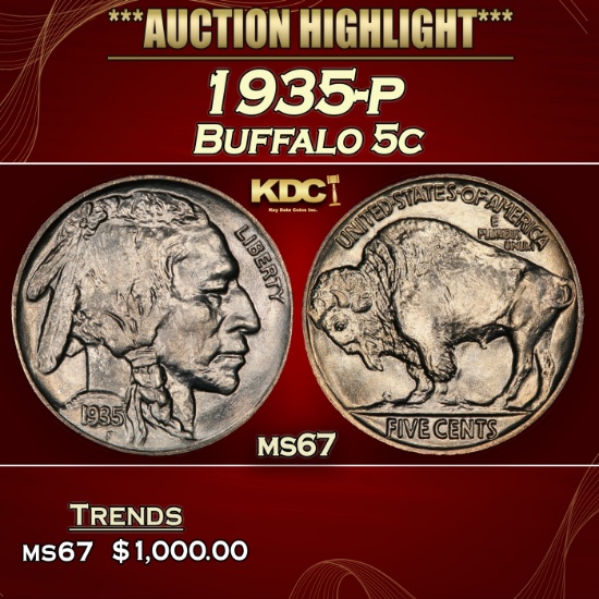 1935-p Buffalo Nickel 5c ms67 SEGS