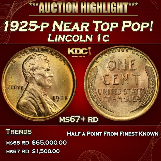 1925-p Lincoln Cent Near Top Pop! 1c ms67+ rd SEGS
