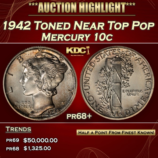1942 Proof Mercury Dime Toned Near Top Pop 10c pr68+ SEGS