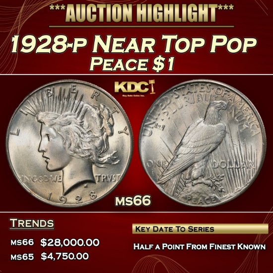 1928-p Peace Dollar Near Top Pop $1 ms66 SEGS