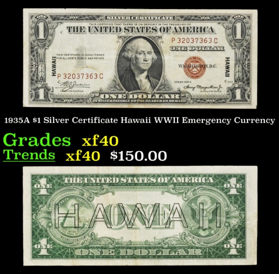 1935A $1 Silver Certificate Hawaii WWII Emergency Currency Grades xf