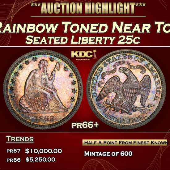 1869 Proof Seated Liberty Quarter Rainbow Toned Near Top Pop 25c pr66+ SEGS