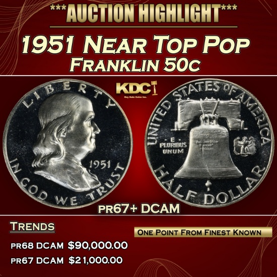 1951 Proof Franklin Half Dollar Near Top Pop 50c pr67+ DCAM SEGS