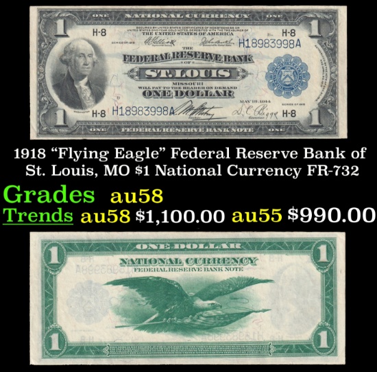 1918 $1 National Currency "Flying Eagle" Federal Reserve Bank of St. Louis, MO Grades Choice AU/BU S