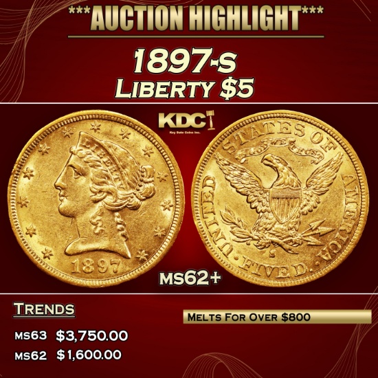 1897-s Gold Liberty Half Eagle $5 ms62+ USCG
