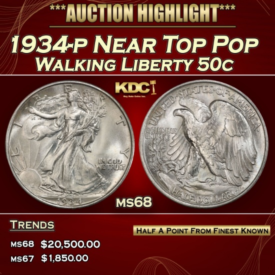 1934-p Walking Liberty Half Dollar Near Top Pop 50c ms68 SEGS