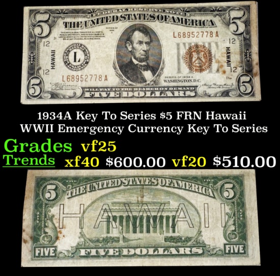 1934A $5 FRN Hawaii WWII Emergency Currency Key To Series Key To Series Grades vf+