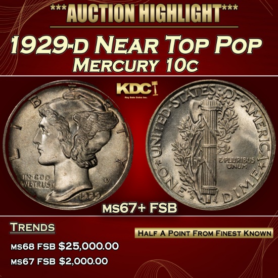 1929-d Mercury Dime Near Top Pop 10c ms67+ FSB SEGS