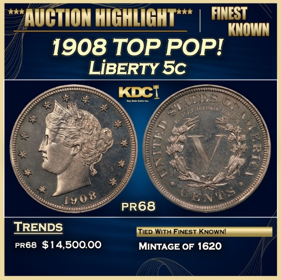 1908 Proof Liberty Nickel TOP POP! 5c pr68 SEGS
