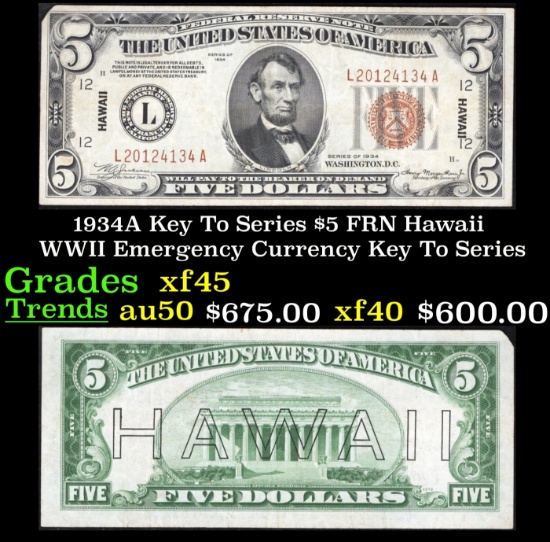 1934A $5 FRN Hawaii WWII Emergency Currency Key To Series Key To Series Grades xf+
