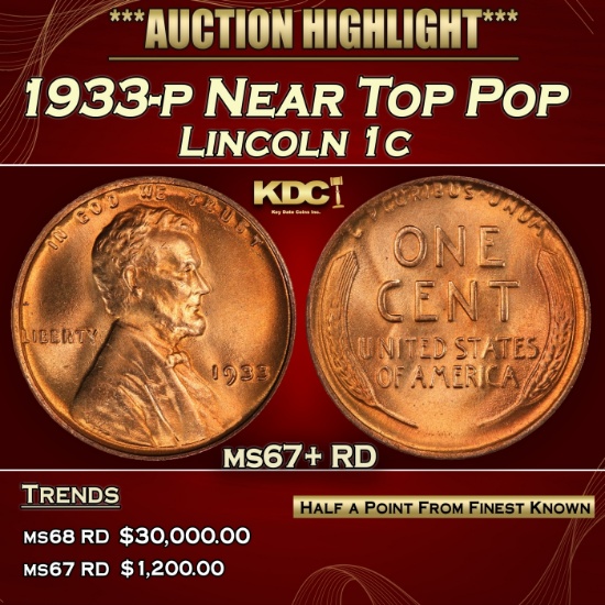 1933-p Lincoln Cent Near Top Pop 1c ms67+ RD SEGS