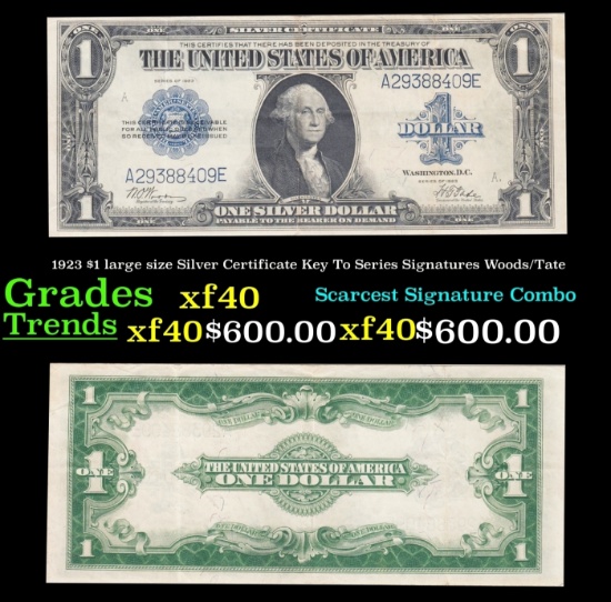 1923 $1 large size Silver Certificate Key To Series Grades xf Signatures Woods/Tate