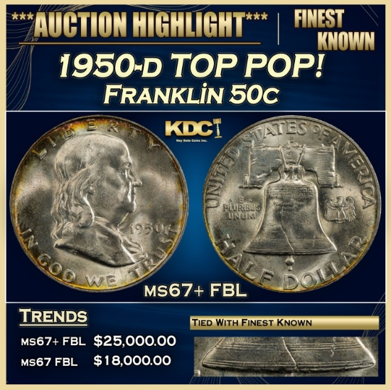 1950-d Franklin Half Dollar TOP POP! 50c ms67+ FBL SEGS