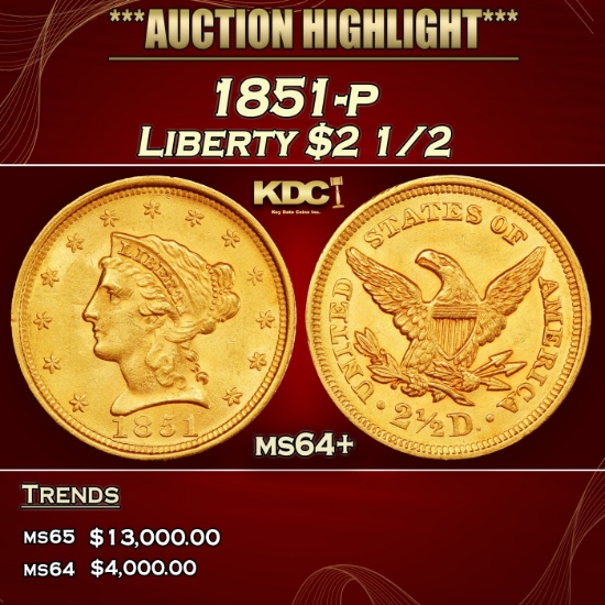 1851-p Gold Liberty Quarter Eagle $2 1/2 ms64+ SEGS