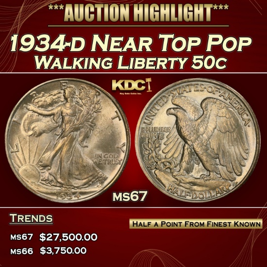 1934-d Walking Liberty Half Dollar Near Top Pop 50c ms67 SEGS