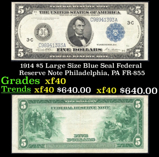 1914 $5 Large Size Blue Seal Federal Reserve Note Philadelphia, PA Grades xf FR-855