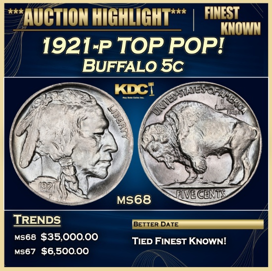 1921-p Buffalo Nickel TOP POP! 5c ms68 SEGS