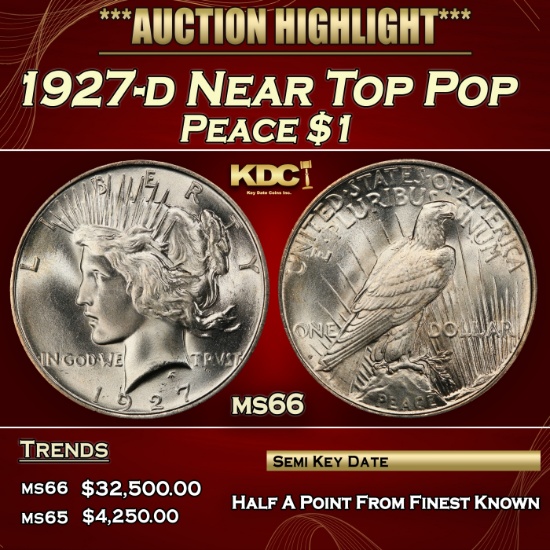1927-d Peace Dollar Near Top Pop $1 ms66 SEGS