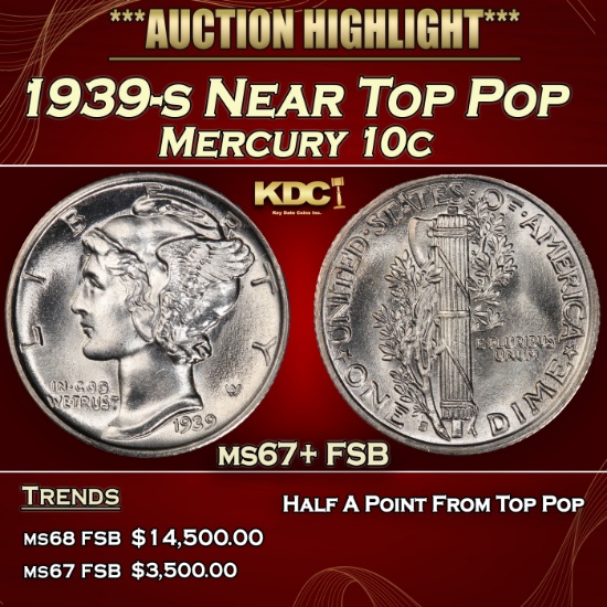 1939-s Mercury Dime Near Top Pop 10c ms67+ FSB SEGS