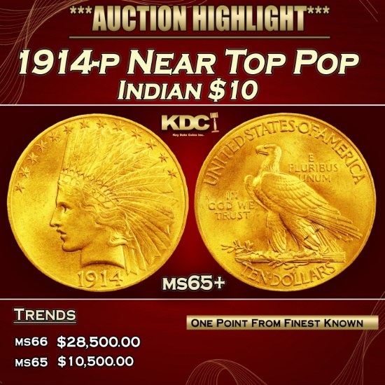 1914-p Gold Indian Eagle Near Top Pop $10 ms65+ SEGS
