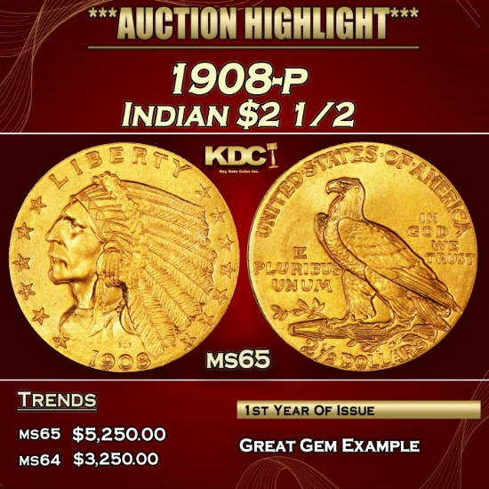 1908-p Gold Indian Quarter Eagle $2 1/2 ms65 SEGS