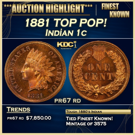 1881 Proof Indian Cent TOP POP! 1c pr67 rd SEGS