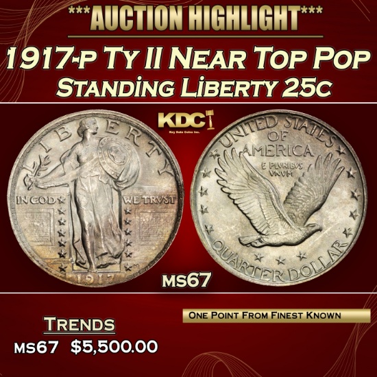 1917-p Ty II Standing Liberty Quarter Near Top Pop 25c ms67 SEGS