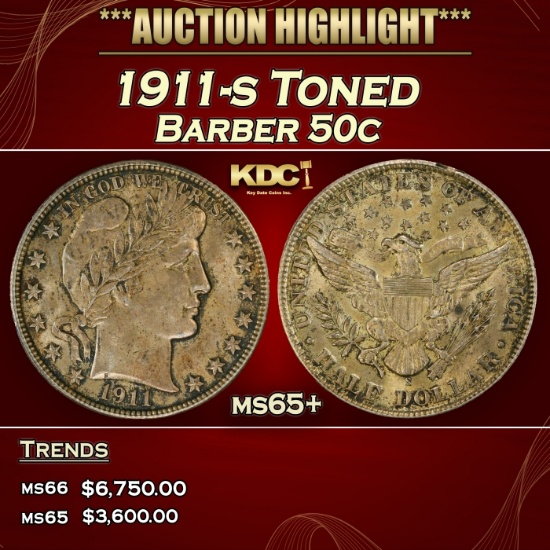 1911-s Barber Half Dollars Toned  50c ms65+ SEGS