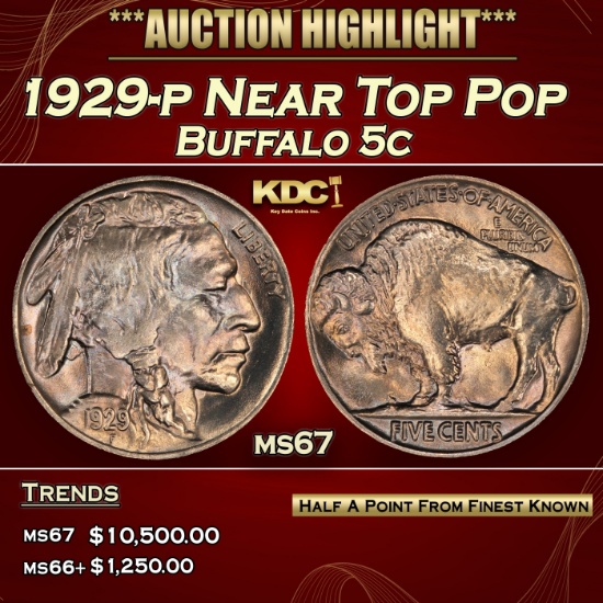 1929-p Buffalo Nickel Near Top Pop 5c ms67 SEGS