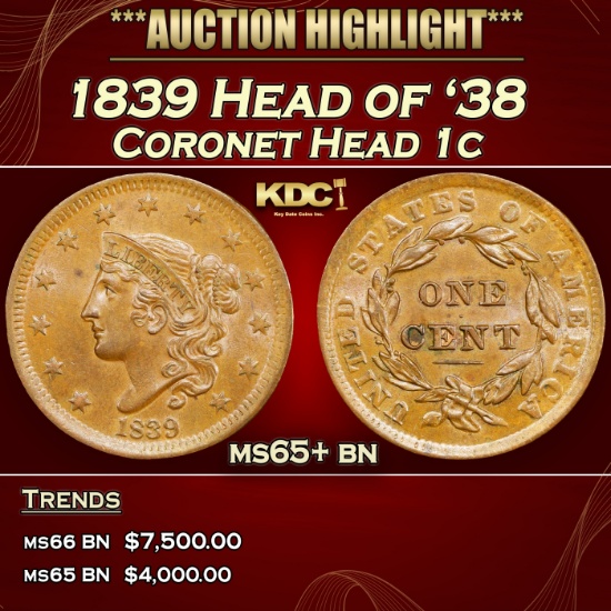 1839 Head of '38 Coronet Head Large Cent 1c ms65+ bn SEGS