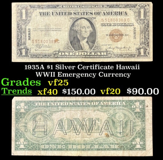 1935A $1 Silver Certificate Hawaii WWII Emergency Currency Grades vf+