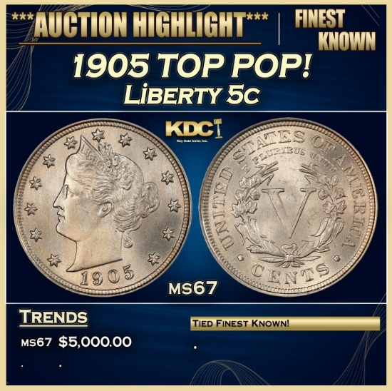 1905 Liberty Nickel TOP POP! 5c ms67 SEGS