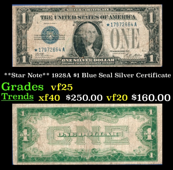 **Star Note** 1928A $1 Blue Seal Silver Certificate Grades vf+