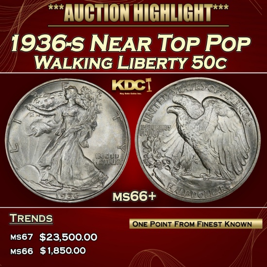 1936-s Walking Liberty Half Dollar Near Top Pop 50c ms66+ SEGS