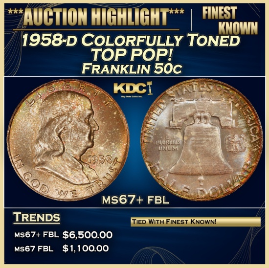 1958-d Franklin Half Dollar Colorfully Toned TOP POP! 50c ms67+ fbl SEGS