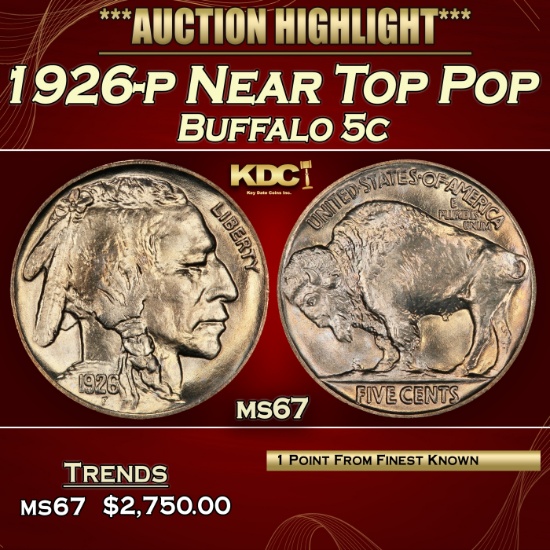 1926-p Buffalo Nickel Near Top Pop 5c ms67 SEGS