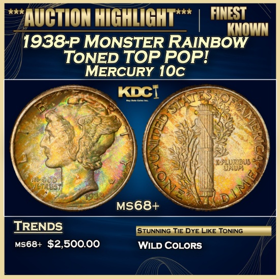 1938-p Mercury Dime Monster Rainbow Toned TOP POP! 10c ms68+ SEGS