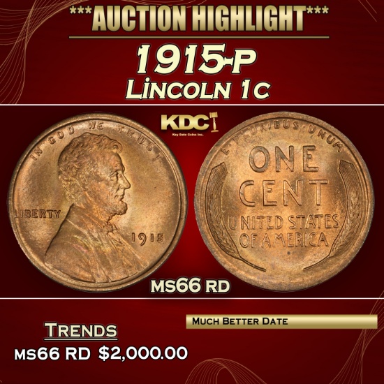 1915-p Lincoln Cent 1c ms66 rd SEGS