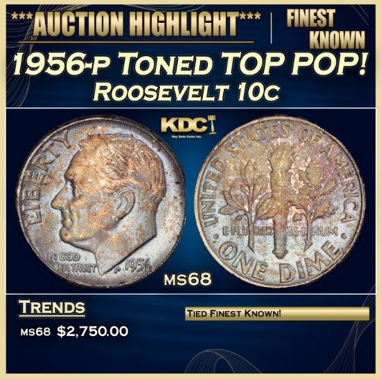 1956-p Roosevelt Dime Toned TOP POP! 10c ms68 SEGS