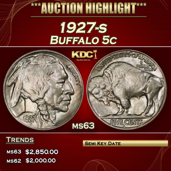 1927-s Buffalo Nickel 5c ms63 USCG